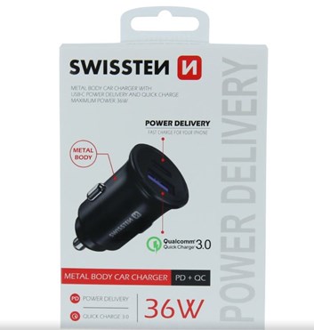 Zástrčka SWISSTEN USB-C Power Delivery + USB Quick Charge 3.0 36W, Metal černý, 47415