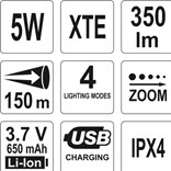 Svítilna LED XT-E CREE 5W USB, 350 lm, Li-ion