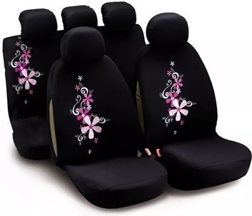 Autopotahy černé na sedadla celého auta airbag růžové květy kytky