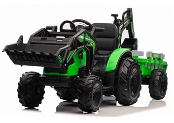 Dětský elektrický traktor s vlekem a bagrovou lžící  HIGH VERSION-zelený -  SESTAVENÝ K OSOBNÍMU ODBĚRU