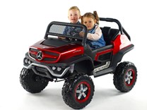 Dětský elektrický džíp Mercedes Benz Unimog, dvoumístný červený Emilka a Jiřík 3 roky