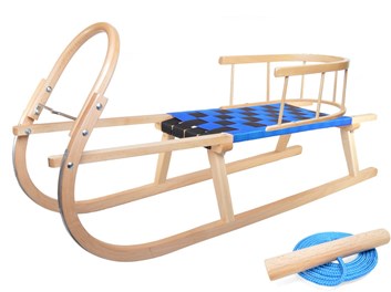 Dřevěné sportovní dětské sáňky s modrým průpletem a ohrádkou