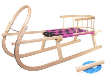 Dřevěné sportovní dětské sáňky s fialovým průpletem a ohrádkou