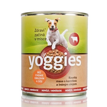 Yoggies monoproteinová hovězí konzerva pro psy s karotkou a lněným olejem 800g