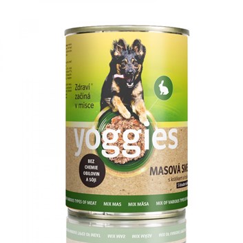 Yoggies konzerva pro psy s masovou směsí (kuře, vepřové, hovězí) králíkem a hráškem 400 g