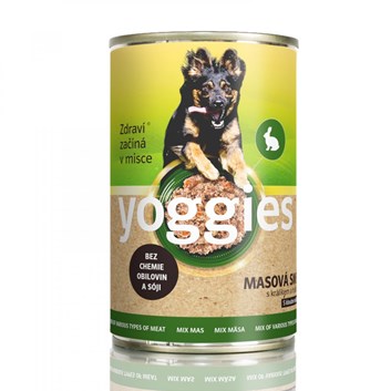 Yoggies konzerva pro psy s masovou směsí (kuře, vepřové, hovězí) králíkem a hráškem 1200 g