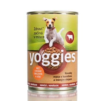 Yoggies monoproteinová hovězí konzerva pro psy s karotkou a lněným olejem 400g