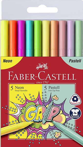 Faber-Castell, 155312, Grip Neon&Pastel, sada popisovačů, neon/pastel, 10 ks